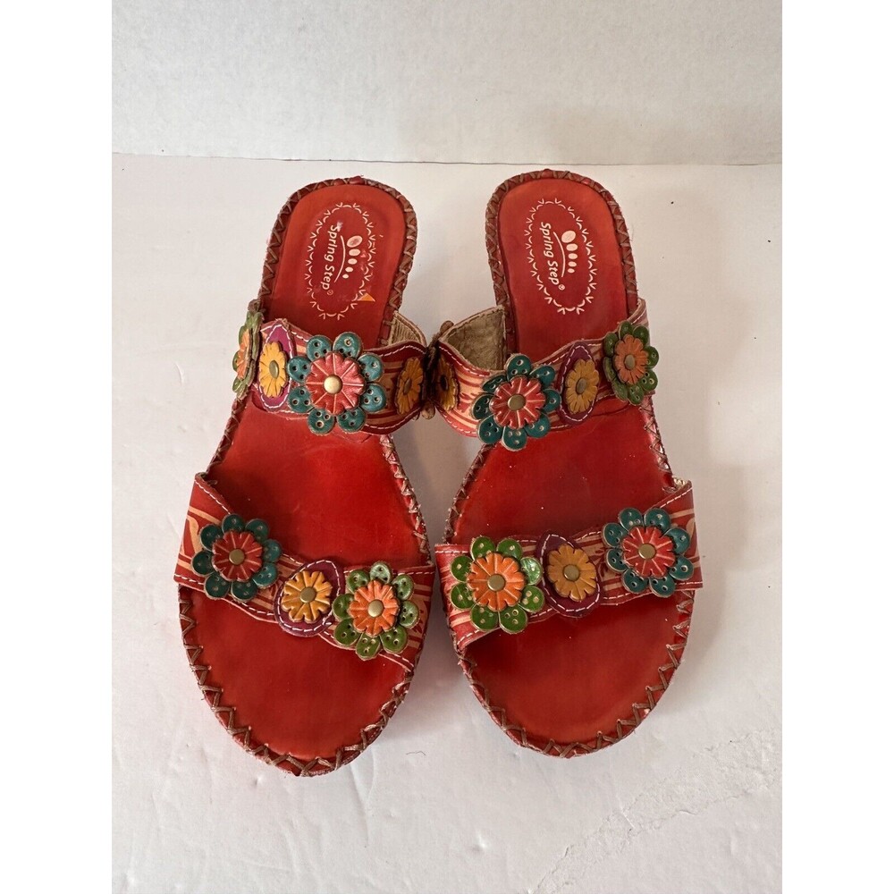 Spring Step Ambrosiada Sandals Leather 37 US 6.5 /7 Red Floral Two Strap